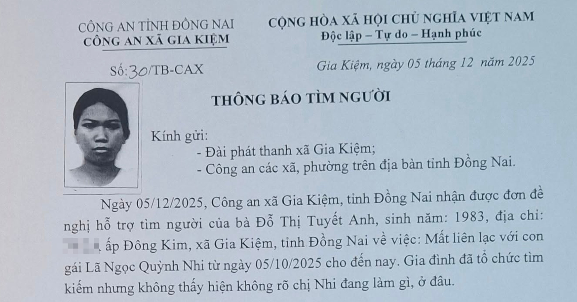 Cong An Cong Bo Dac Diem Nhan Dang Co Gai 18 Tuoi Mat Tich Bi An 2 Thang 1212