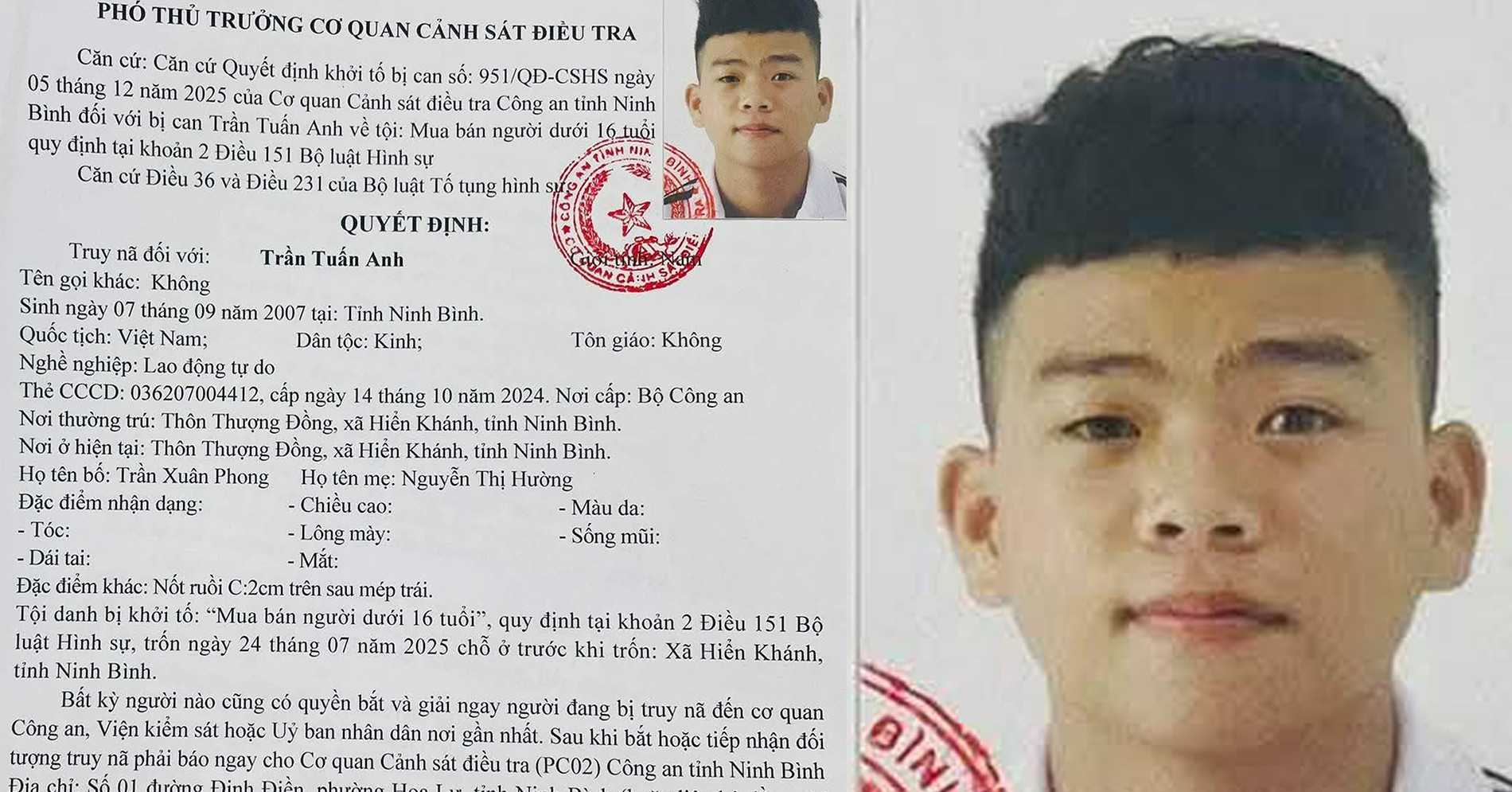 Cong An Ninh Binh Cong Bo Dac Diem Nhan Dang Doi Tuong Truy Na Dac Biet 18 Tuoi 4491